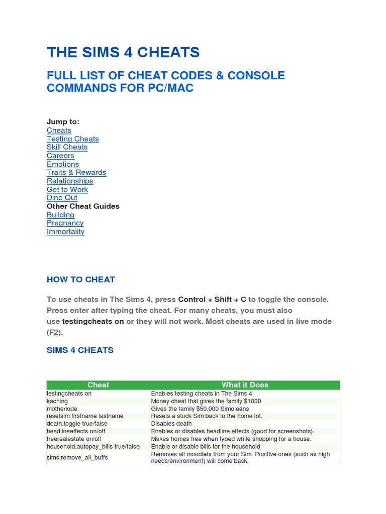 The Sims 4 Cheats: Full List of Cheat Codes & Console Commands For Pc/Mac, PDF, Cheating In Video Games
